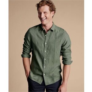 Charles Tyrwhitt Men’s Pure Linen Button Shirt - XL Slim Fit Green L/S Casual